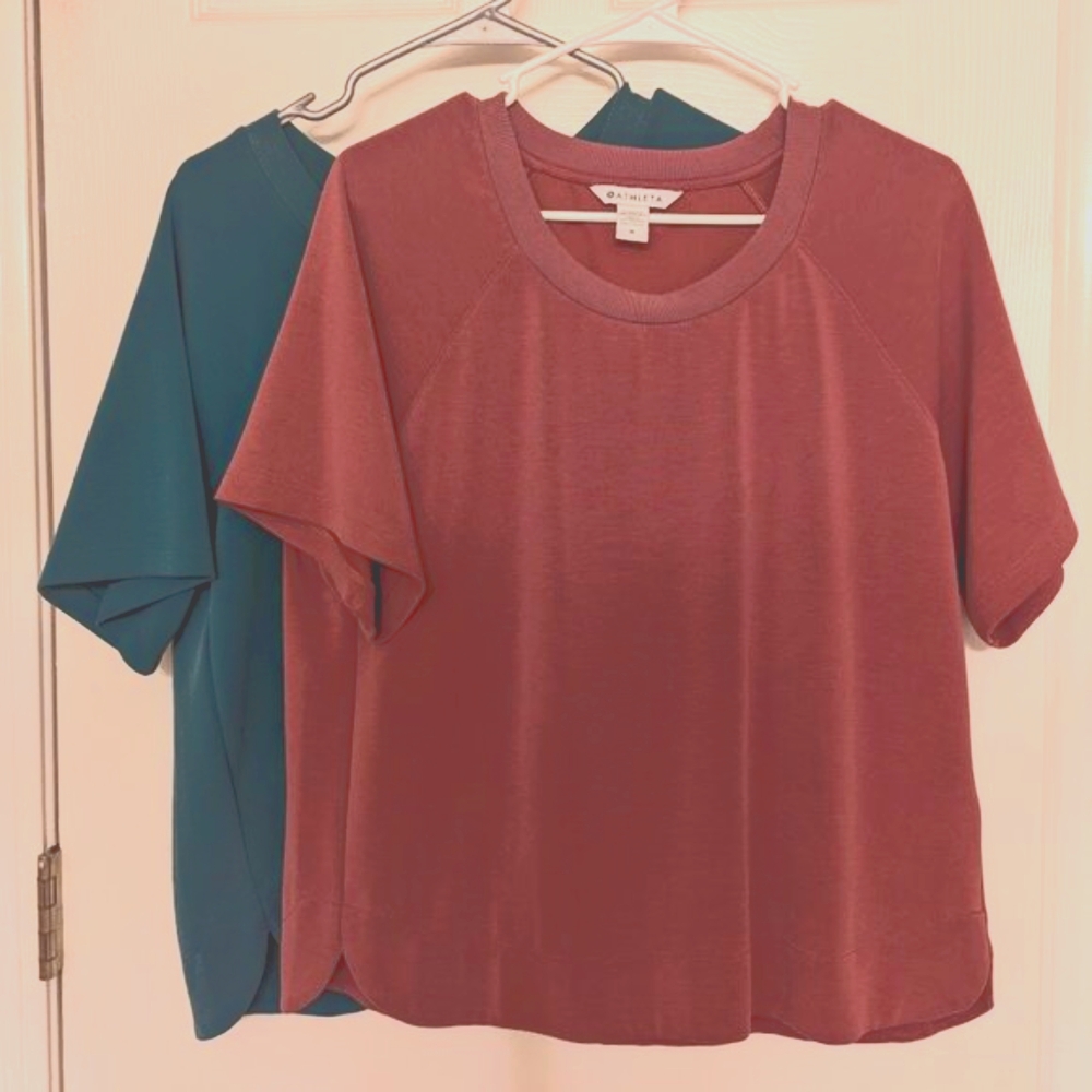 BUNDLE - 2 Athleta Seasoft Sweatshirt Tees - Emerald Green + Berry Rose